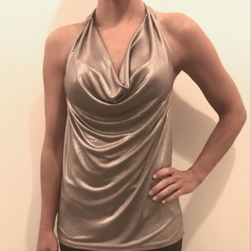 Express NWT Metallic Gold Taupe Halter W/ Neck Strap, Draped Front, S